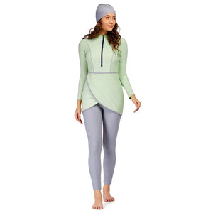 Burkini Sport Patchwork 3 Pièces – Gris & Graphiques – Menthe et gris