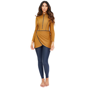 Burkini Sport Patchwork 3 Pièces – Tons Chauds – Ocre