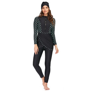 Burkini Sport Patchwork 3 Pièces – Gris & Graphiques – Pois turquoise et noir