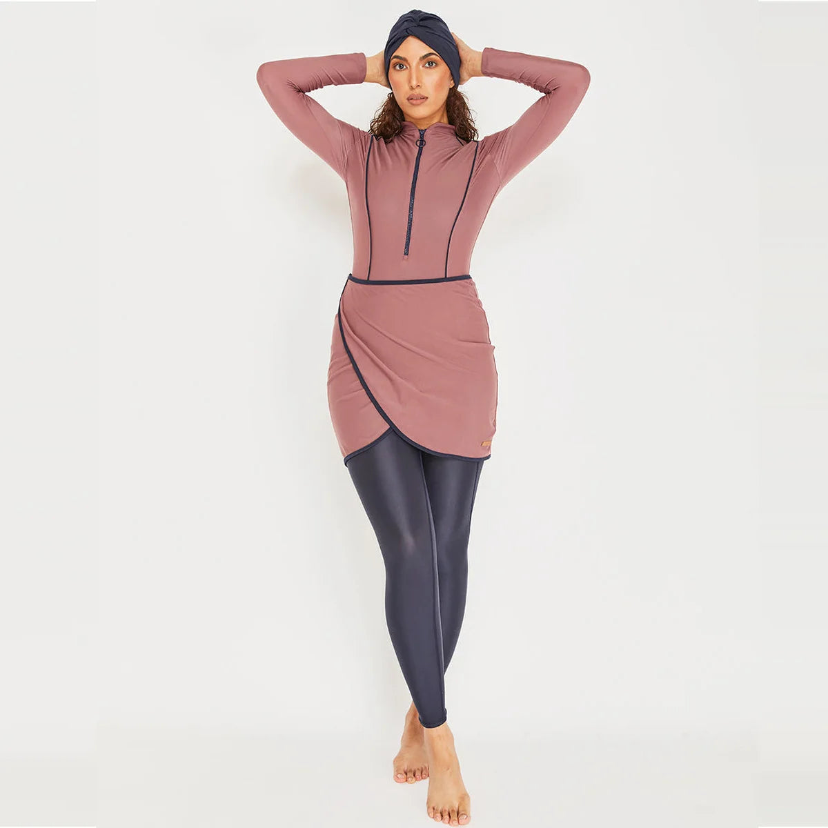 Burkini Sport Patchwork 3 Pièces – Tons Chauds – Rose poudré