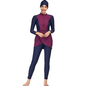 Burkini Sport Patchwork 3 Pièces – Bleus & Neutres – Violet et bleu marine