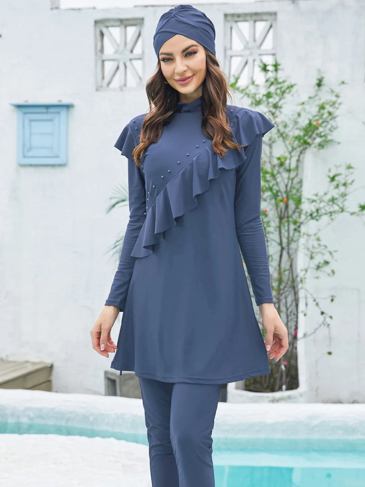 Burkini Sport Piscine 3 Pièces – Tons Colorés – Gris bleuté