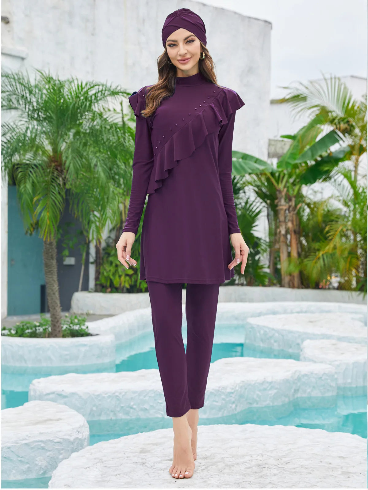 Burkini Sport Piscine 3 Pièces – Tons Colorés – Violet