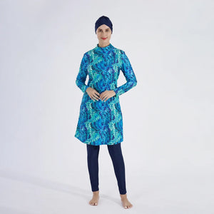 Burkini grande taille 3 pièces à imprimé feuillage turquoise