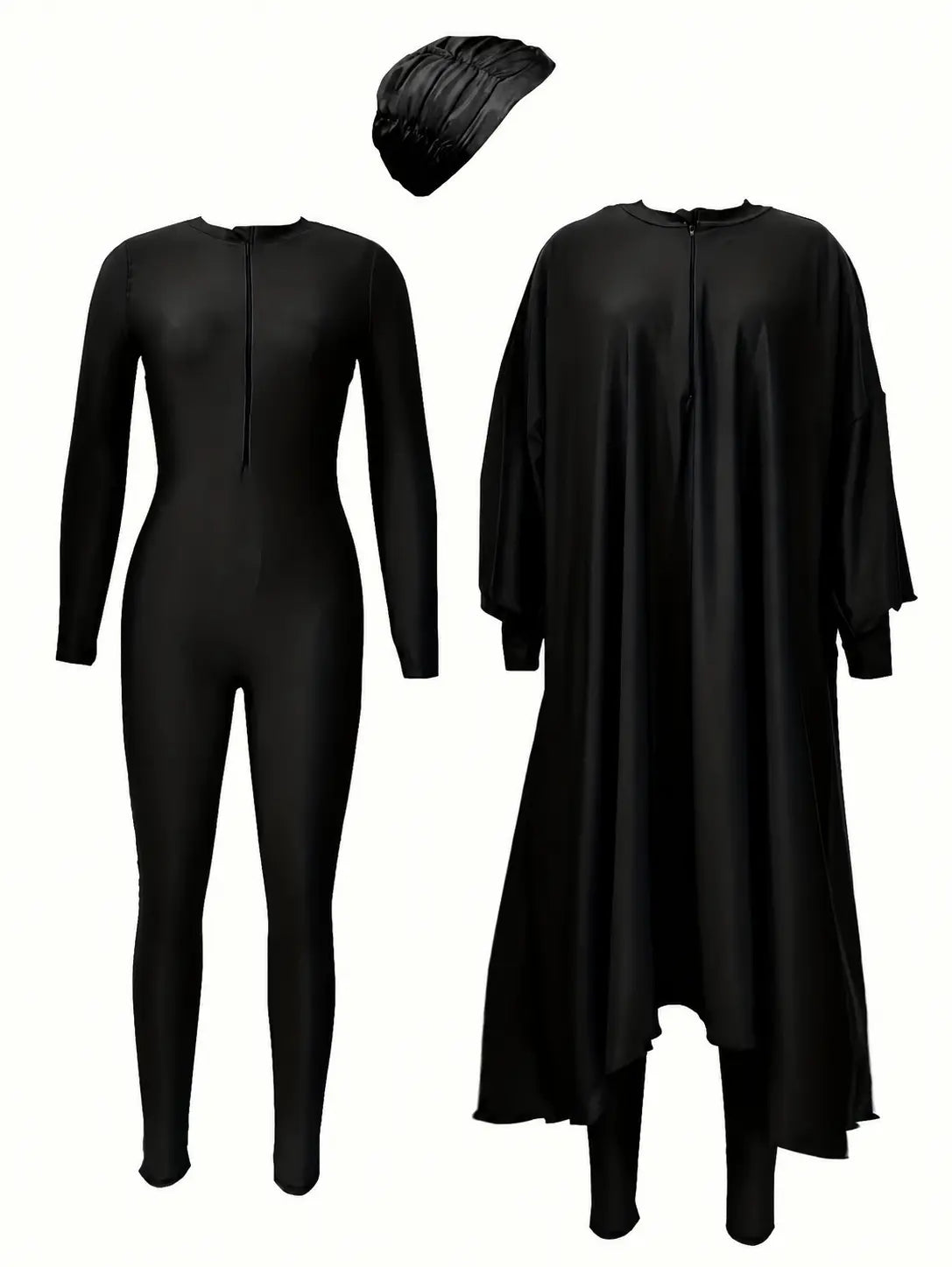 Burkini uni noir couvrant 3 pièces – ensemble complet