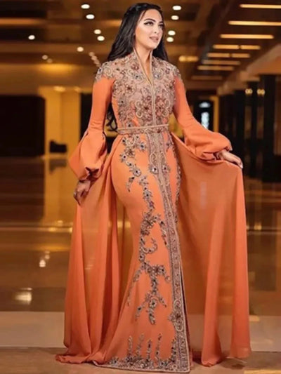 Caftan Marocain Orange Sirène Brodé – vue principale du vêtement