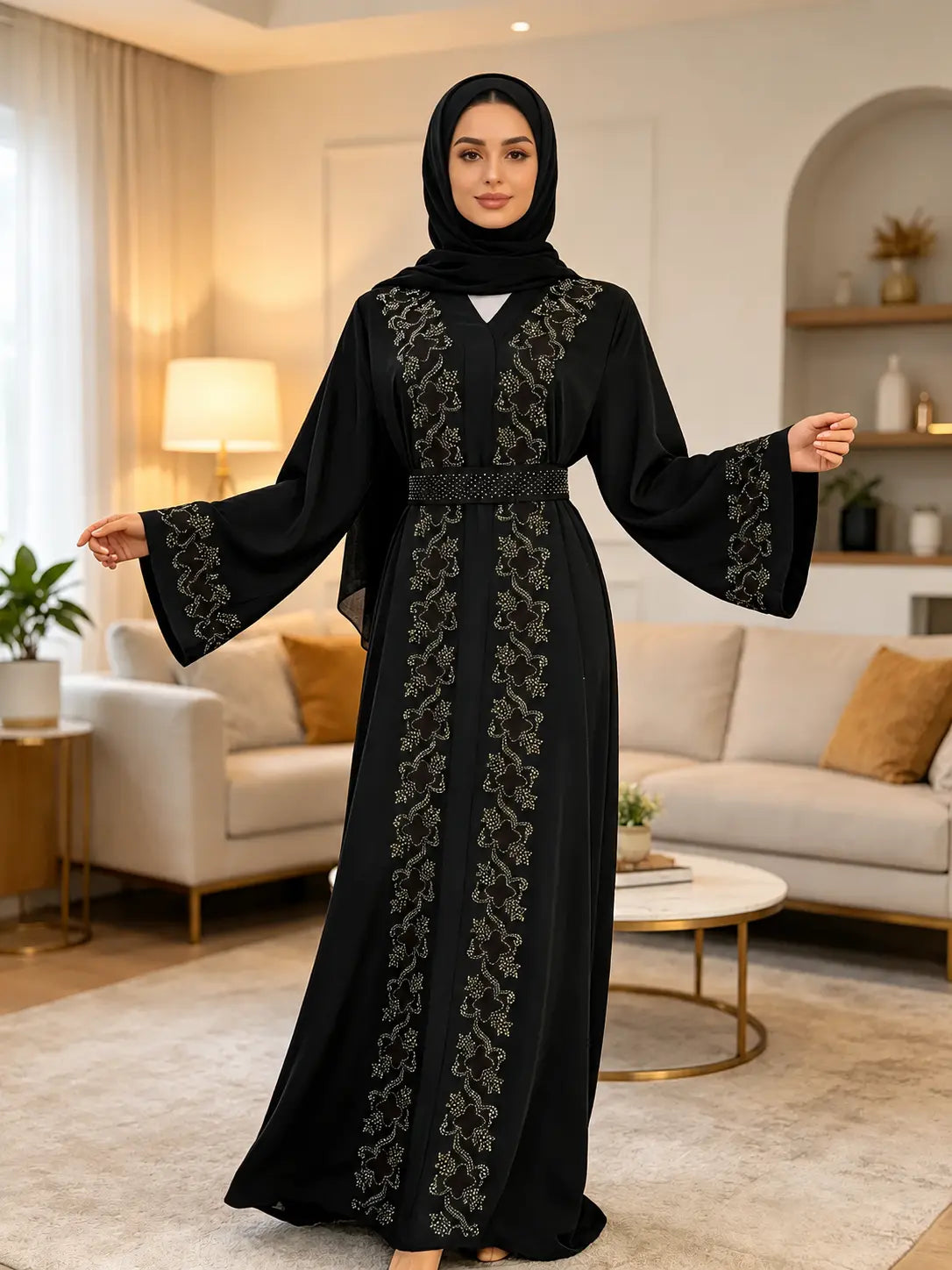 Abaya florale noire brodée portée avec hijab