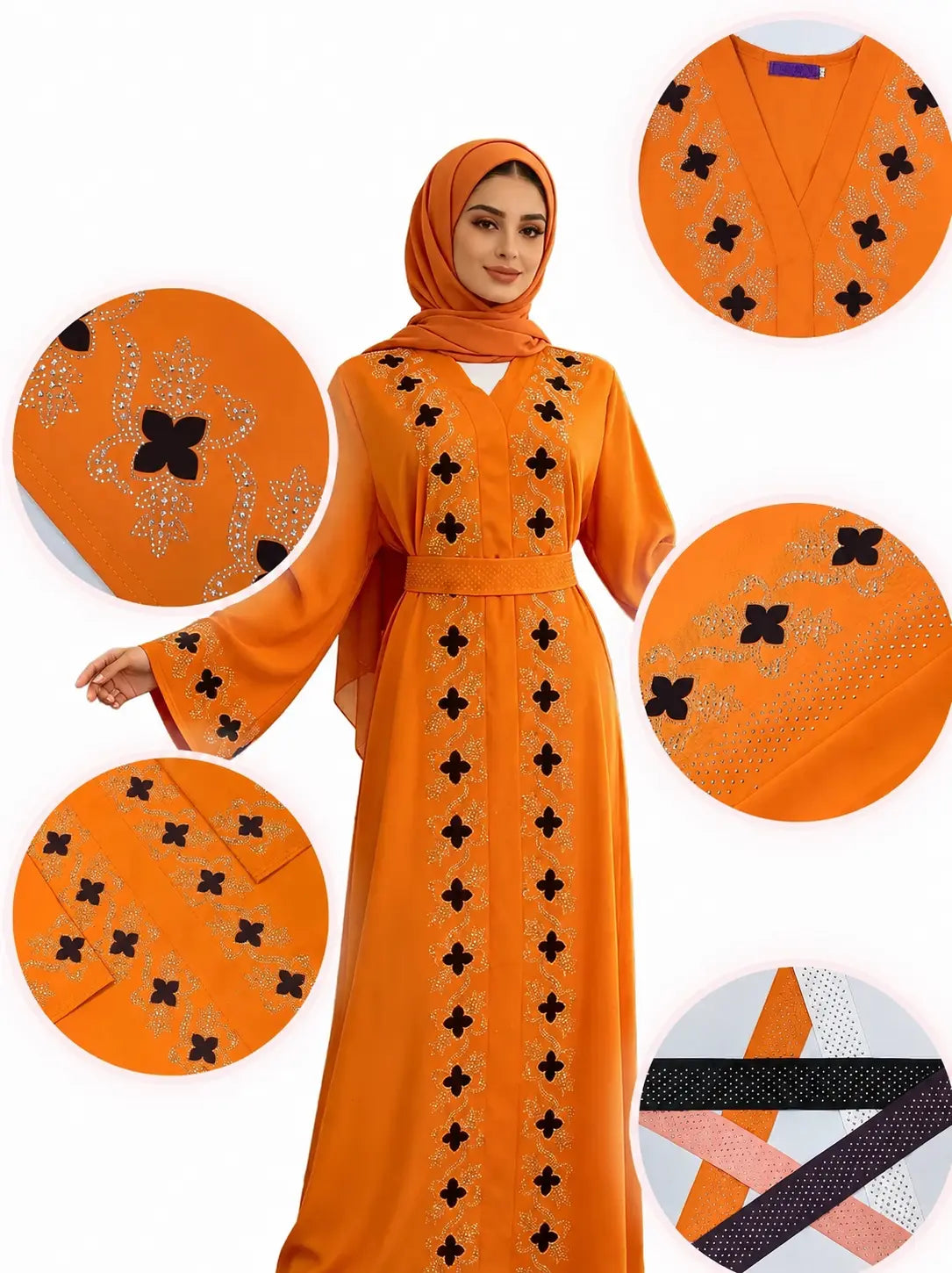Abaya florale orange brodée avec détails des finitions