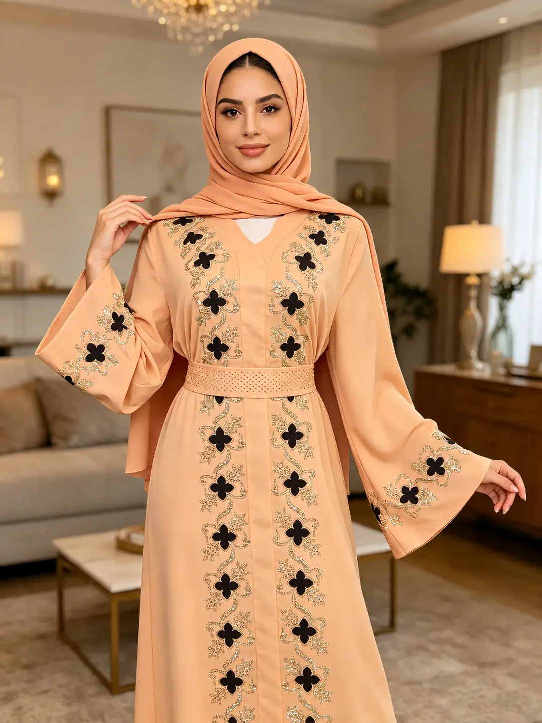 Abaya florale pêche brodée portée avec hijab