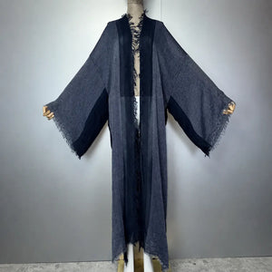 Abaya kimono rétro bleu gris à franges – vue complète