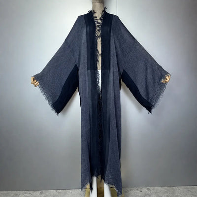 Abaya kimono rétro bleu gris à franges – vue complète