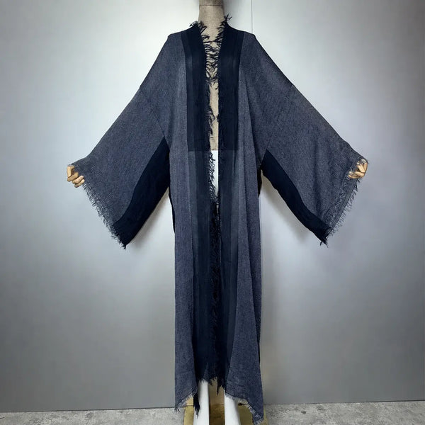 Abaya kimono rétro bleu gris à franges – vue complète