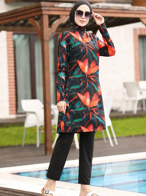 Burkini Floral Orange 3 ou 4 Pièces – 3 pièces