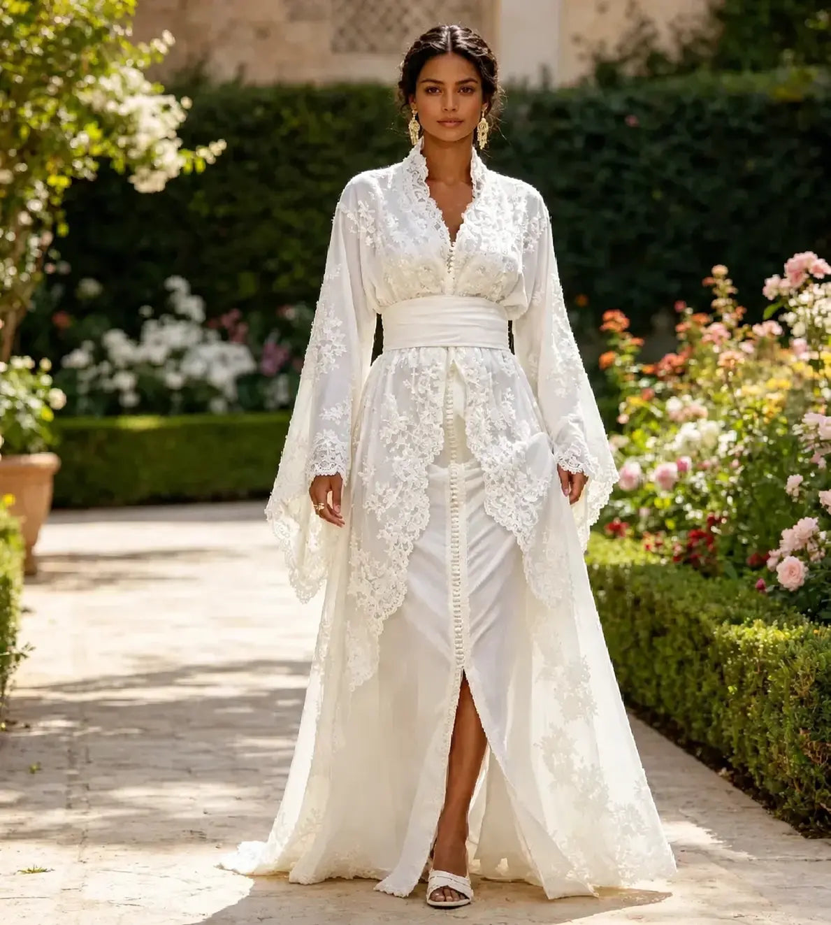 Caftan de mariage blanc en satin et dentelle florale vue de face