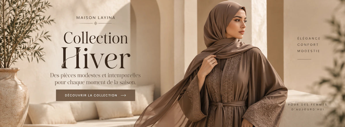 Collection Hiver Maison Layina – mode modeste femme avec abaya marron et hijab
