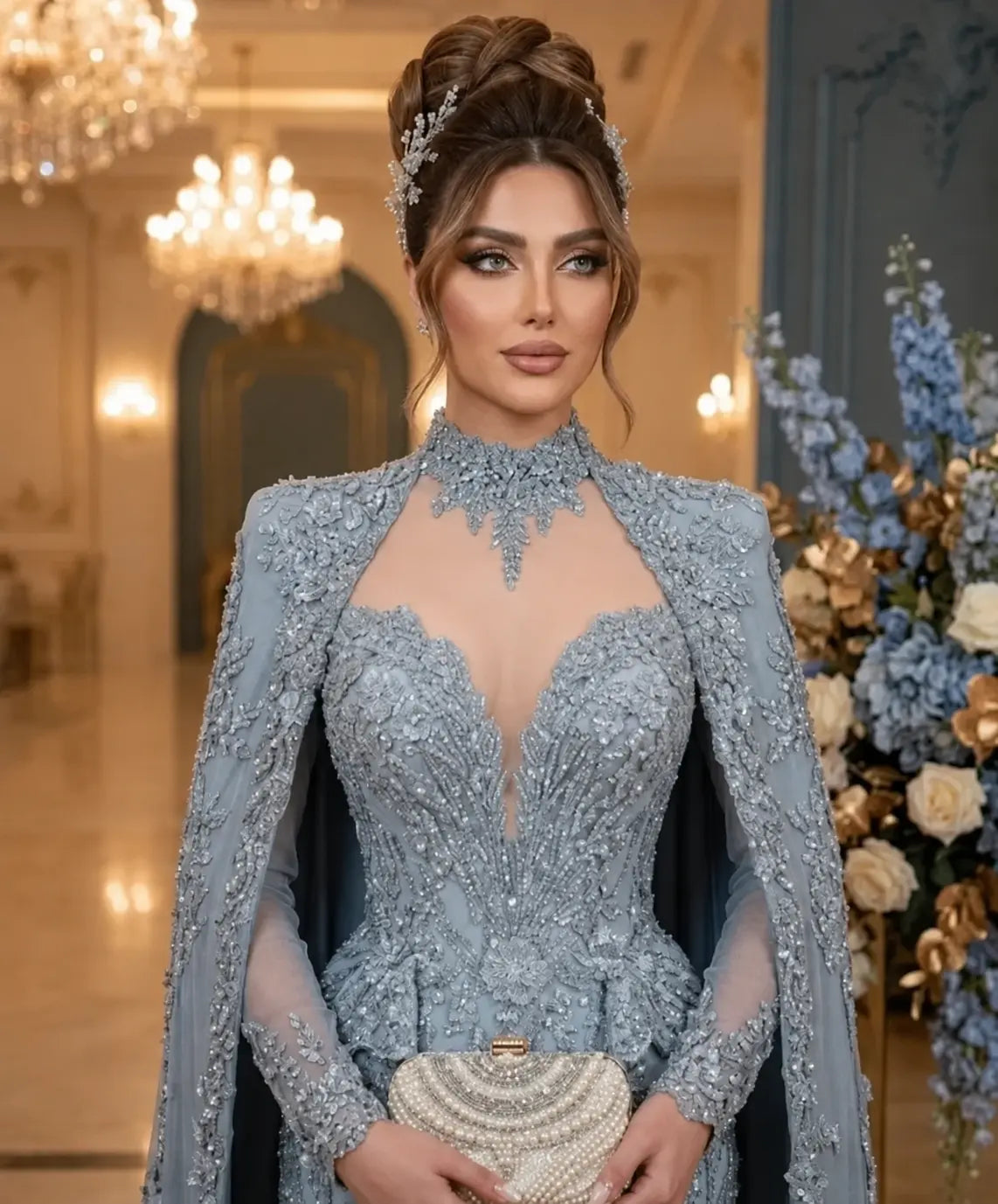 Détail de robe argentée perlée avec cape et pochette en cristaux