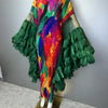 Caftan plissé multicolore vert à manches volantées – vue complète
