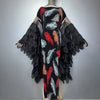 Caftan plissé noir à motif plumes multicolores – vue complète