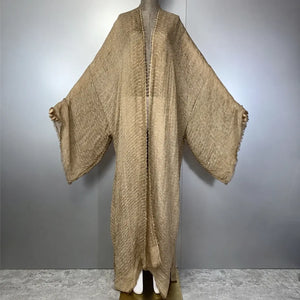 Kimono caftan beige texturé à motifs géométriques – vue complète