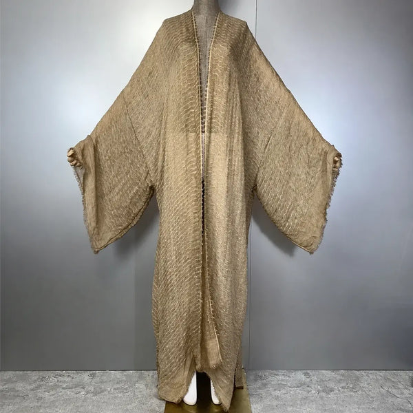 Kimono caftan beige texturé à motifs géométriques – vue complète