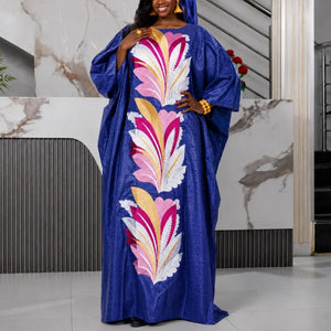 Robe boubou de mariage bleu royal à broderies feuillage