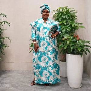 Robe djellaba africaine turquoise et blanche avec turban assorti