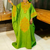 Robe kaftan ample vert anis à motif floral moutarde