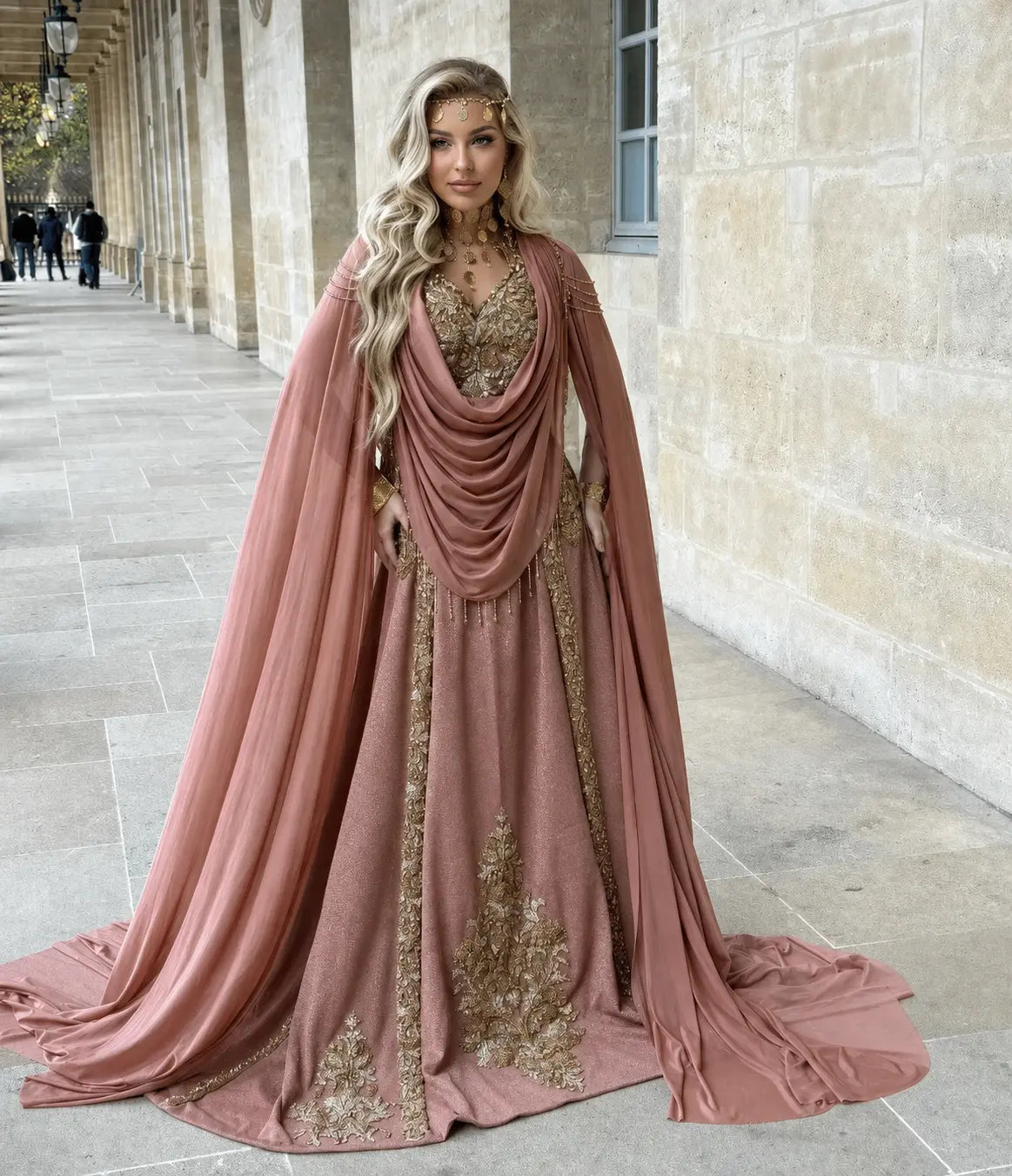 Robe orientale Chaouia rose à cape et broderies dorées vue entière