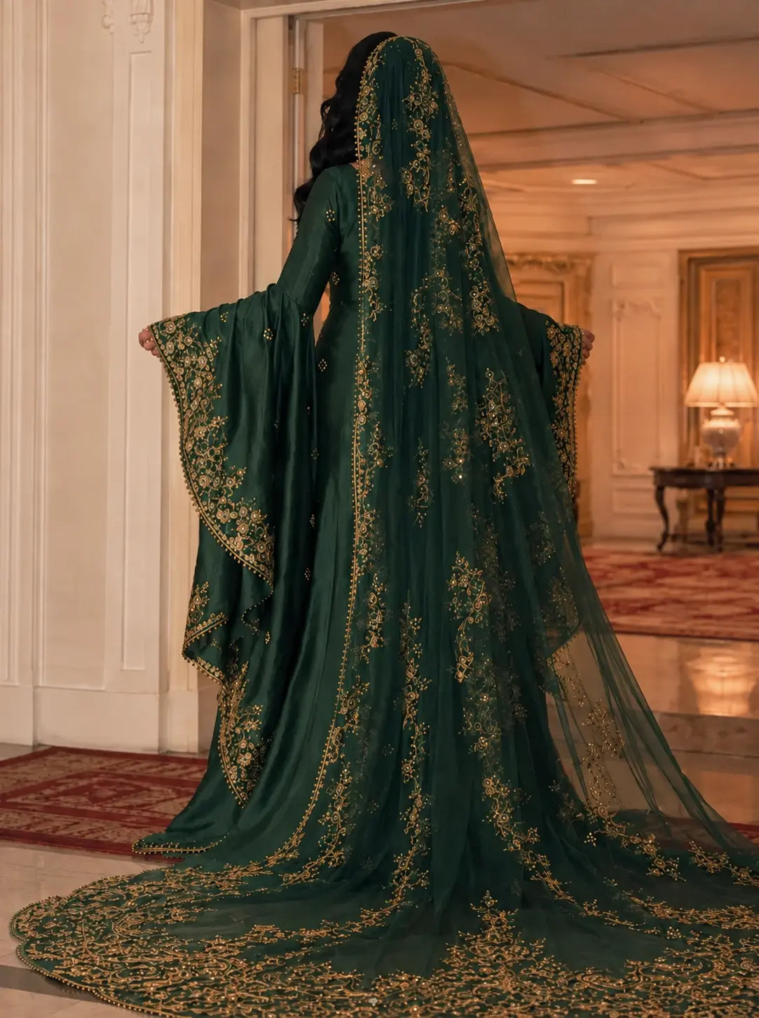 Robe orientale vert émeraude à manches féeriques et voile brodé vue de dos